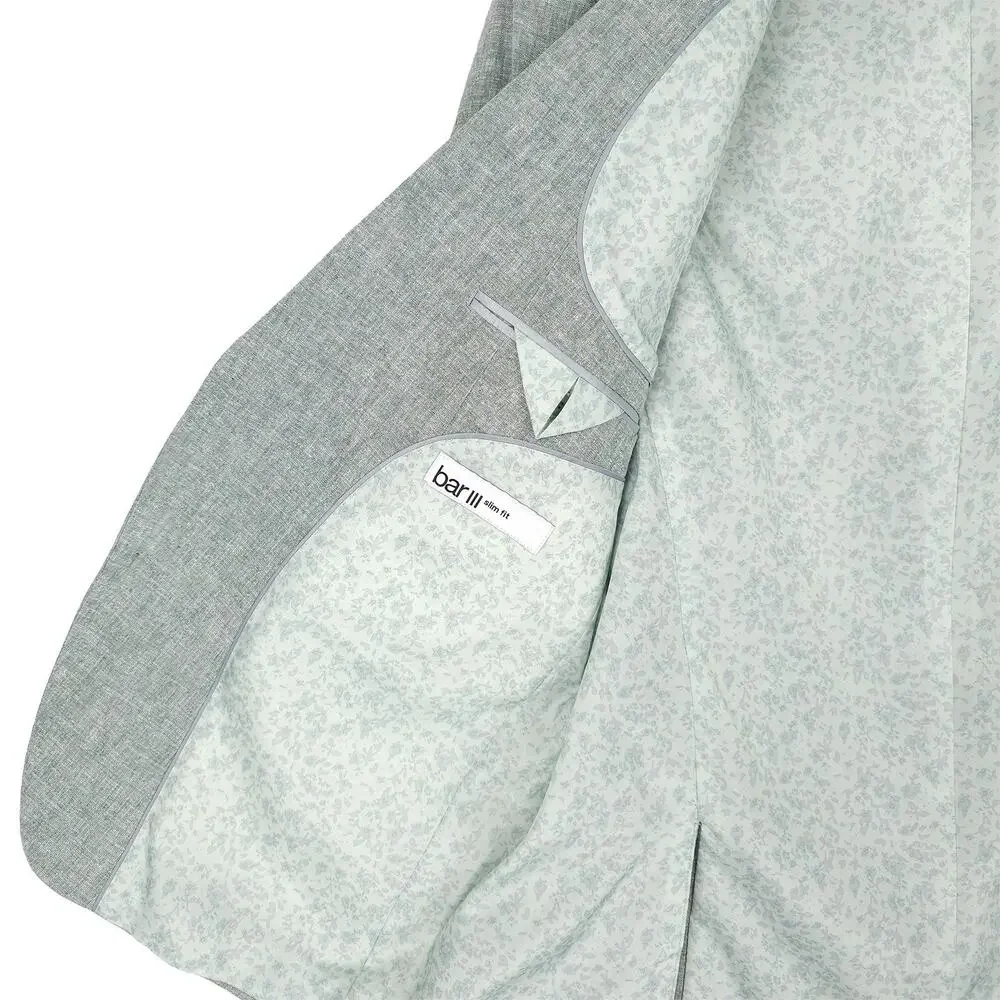 Bar III Mens Slim Fit Suit Jacket Blazer 44R Green Solid Linen Cotton Blend NWT